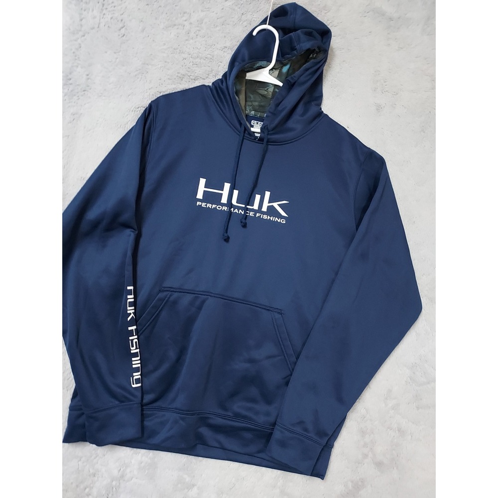 Huk Hoodie Mens Large Performance Fishing Jersey Fleece Blue Drawstring Logo L